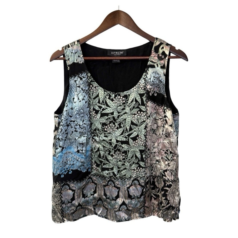 Citron silk blend tank top women's *L / XL colorful floral patchwork boho artsy